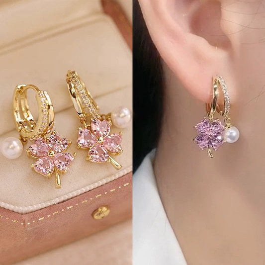 Fashion crystal four-petal flower pearl earrings